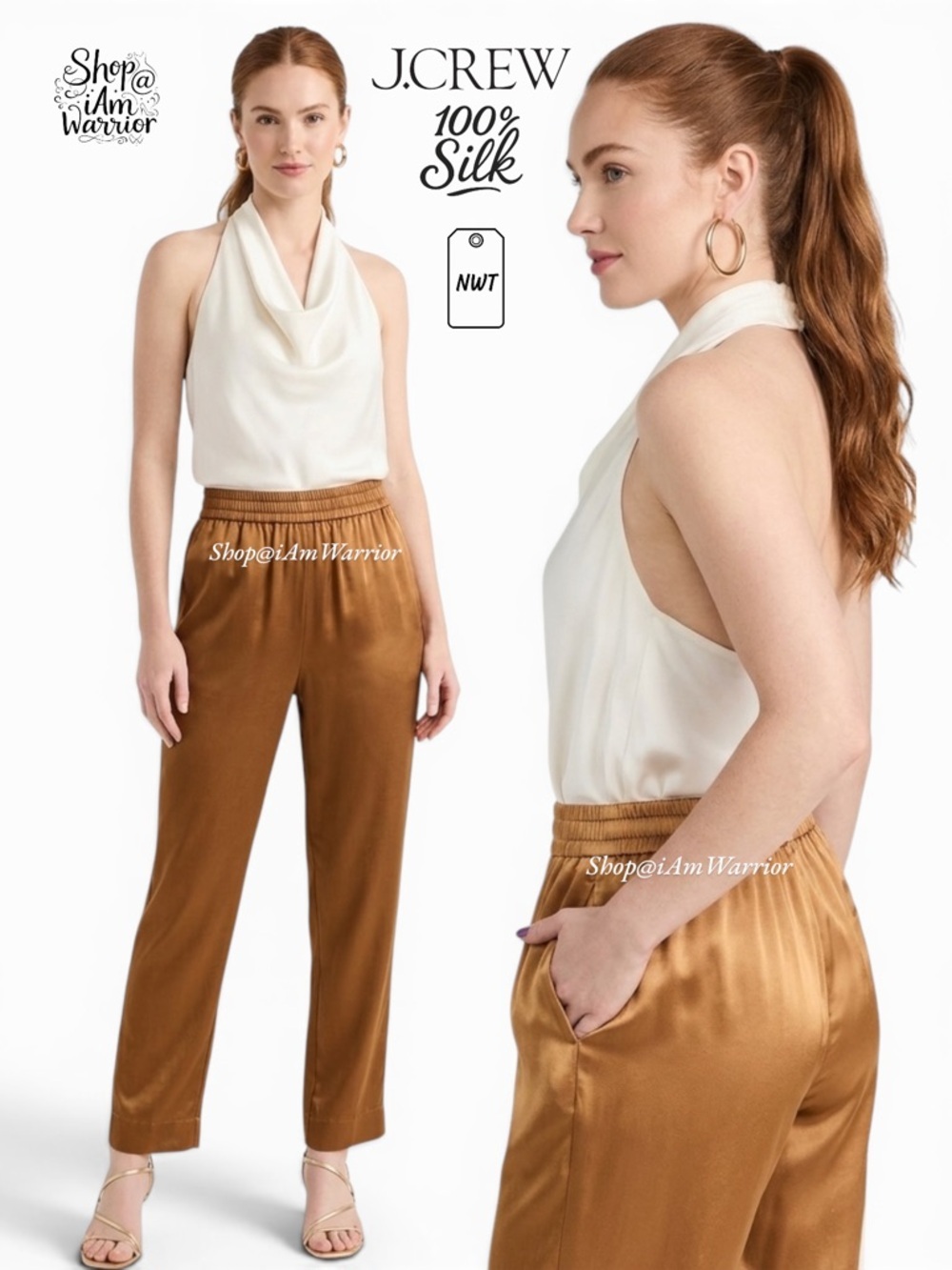 J.Crew NWT washable golden toffee caramel silk pull-on pants *shop@iamwarrior